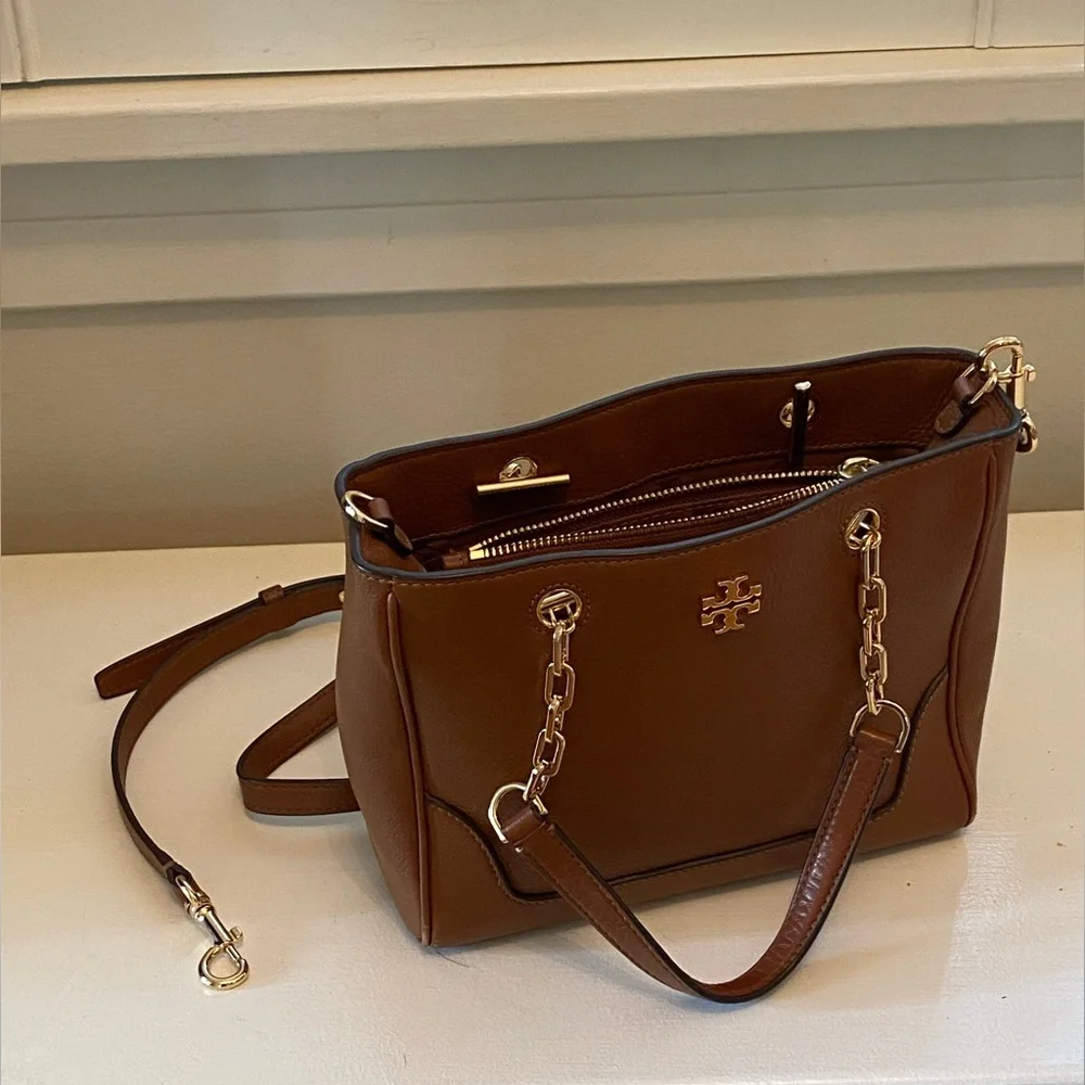Tory Burch Tan Structured Tote with Gold Logo - Picture 1 of 10